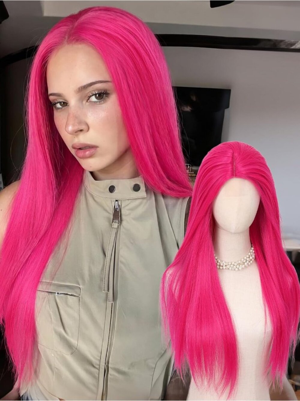 Women's Hot Pink 26 Inch Heat Resistant Straight Middle Part Synthetic Wigs